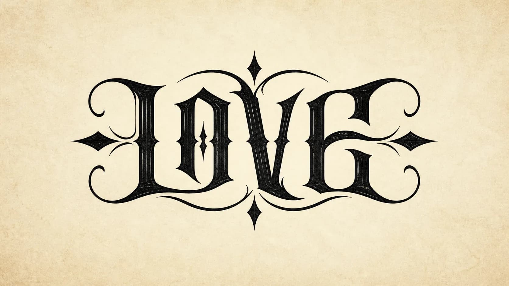 Black ink LOVE ambigram tattoo demo on warm paper