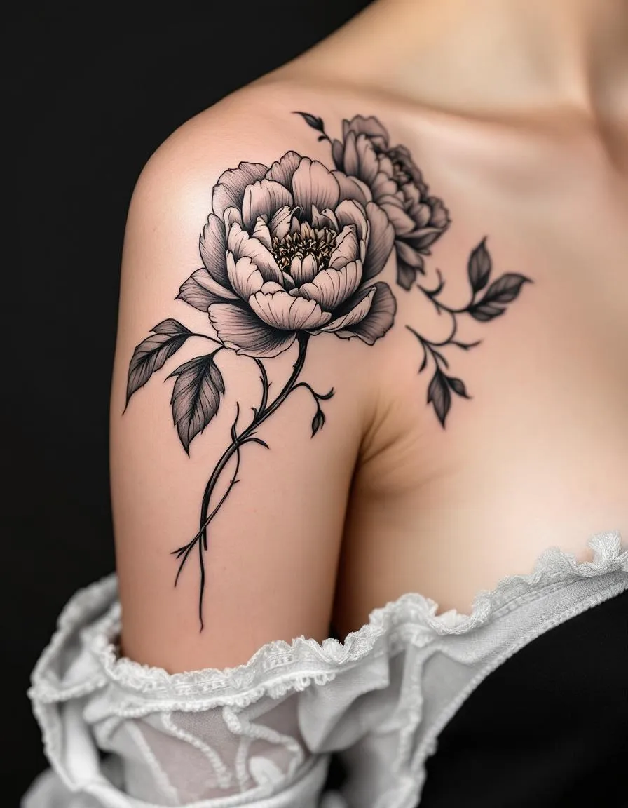 Fine line peony tattoo placed across a shoulder in a studio portrait.