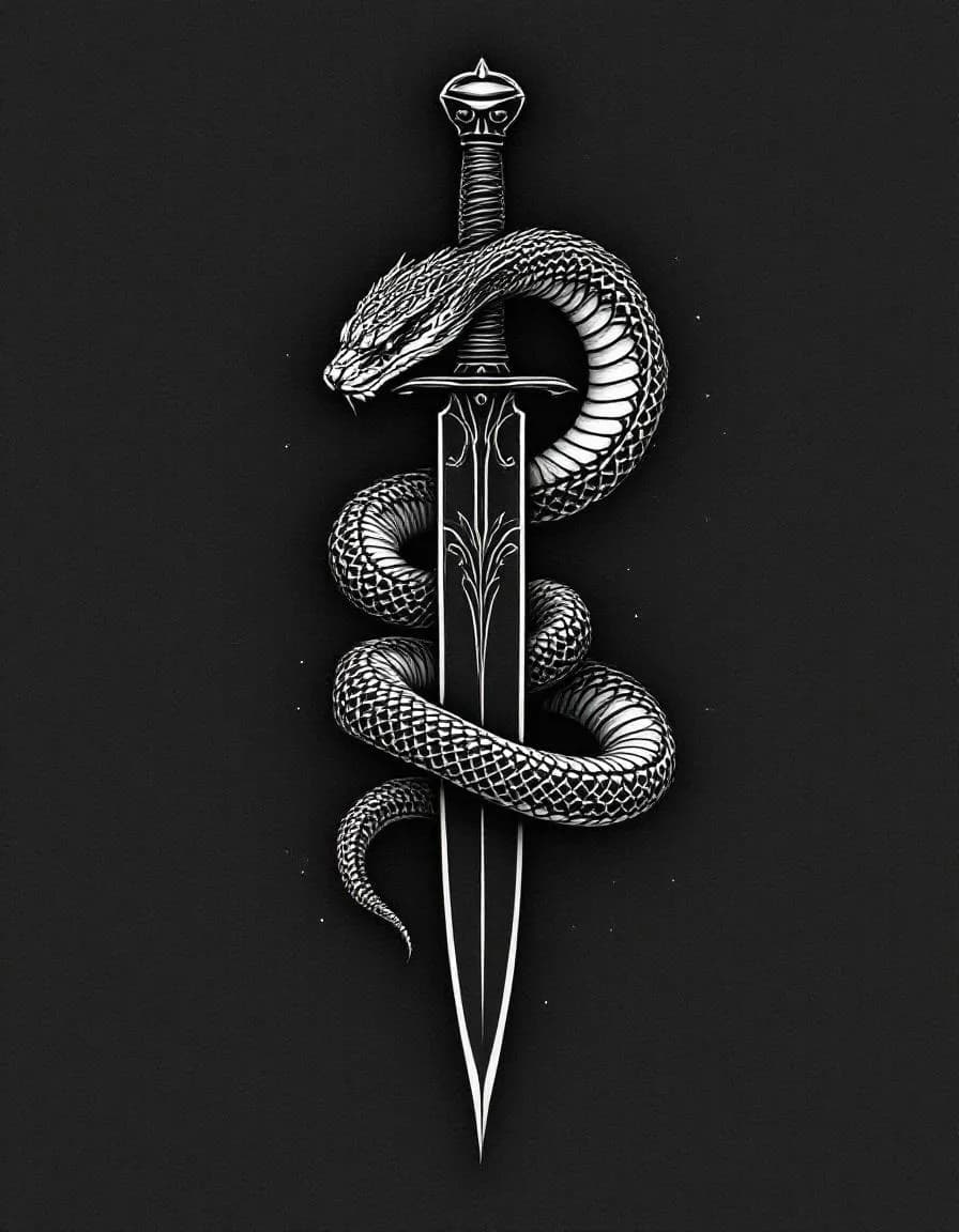 Black and grey snake wrapped around a dagger tattoo artwork on a dark background.