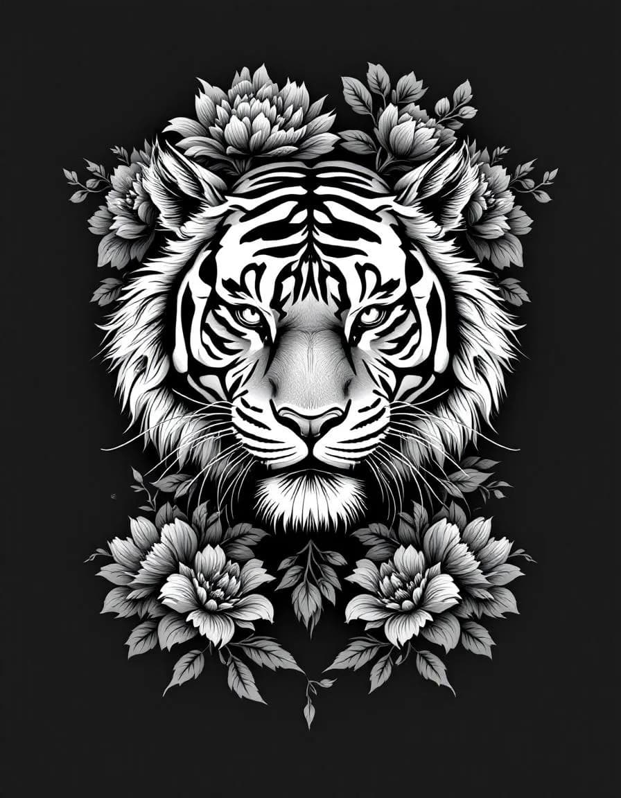 Black and grey tiger and peony tattoo artwork on a dark background.